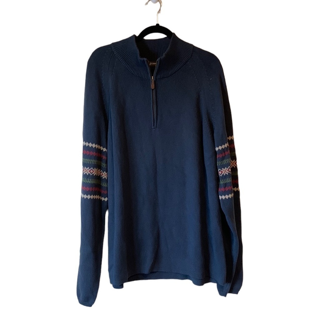 NWOT St. John’s Bay Fair Isle Sweater XL Navy Cotton Quarter Zip Pullover Knit